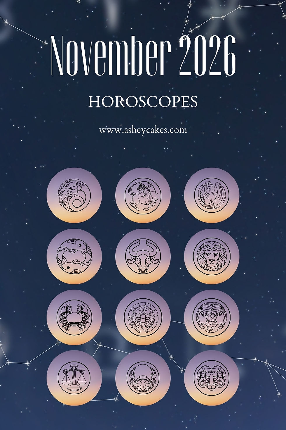 November 2026 horoscopes poster on a starry navy background with 12 zodiac icons and www.asheycakes.com