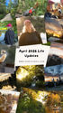 Collage of nature scenes, people outdoors, and a dog. Text reads "April 2026 Life Updates" with a website link. Vibrant and serene mood.