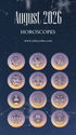 August 2026 horoscopes poster on a starry navy sky, with 12 zodiac icons and the text www.asheycakes.com