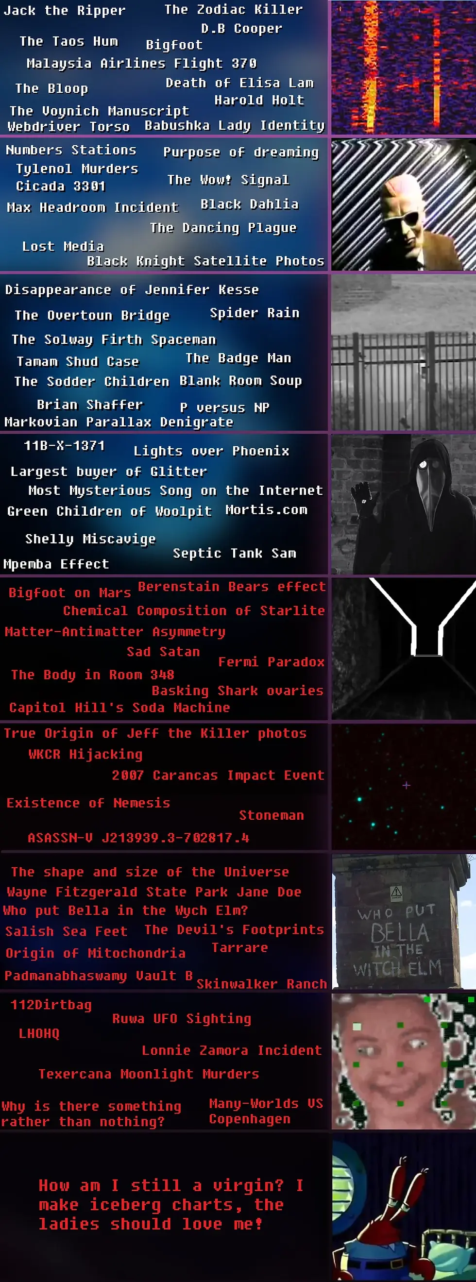 Image divided into text sections listing mysteries and conspiracy topics, with sporadic eerie visuals like blurred figures and cryptic symbols.