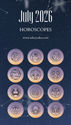 Starry July 2026 horoscopes poster with website URL and 12 zodiac icons in pastel circles.