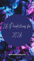 Bold text "26 Predictions for 2026" on a dark circle, against a vibrant blue and pink abstract background. Website URL at bottom.
