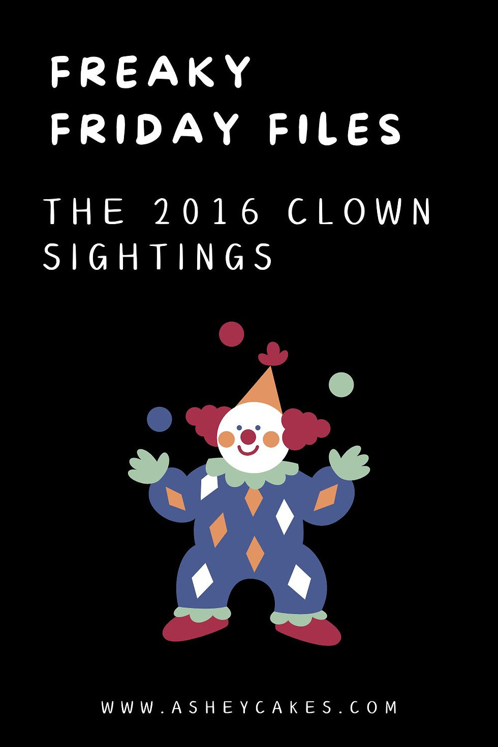 Colourful clown illustration with balloons on black background. Text: "Freaky Friday Files: The 2016 Clown Sightings." Website link below.
