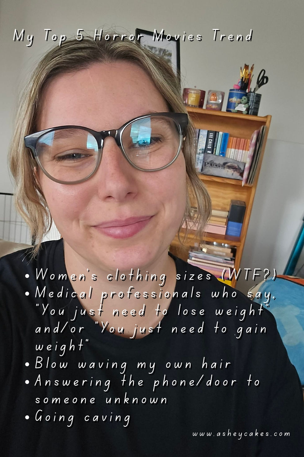 A person wearing glasses smiles. Text lists "Top 5 Horror Movies Trend," including clothing sizes and answering the phone. Bookshelf in background.