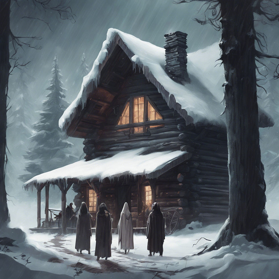 Creepy image of a house in the snow with some ritual going on outside