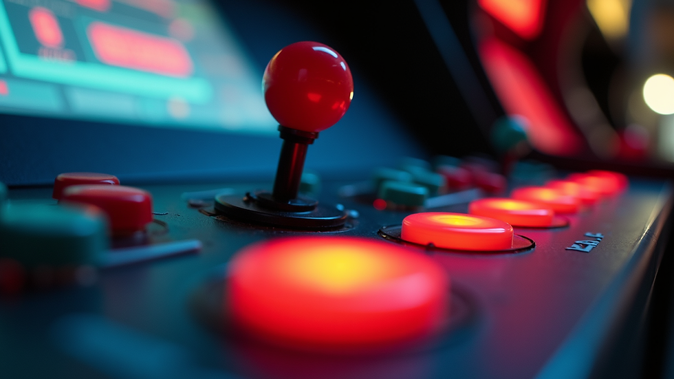 Eye-level view of classic arcade cabinet control panel with joystick and buttons