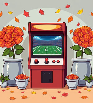 A cartoonish arcade game flanked by big pots of mums with autumn leaves falling and an Ame