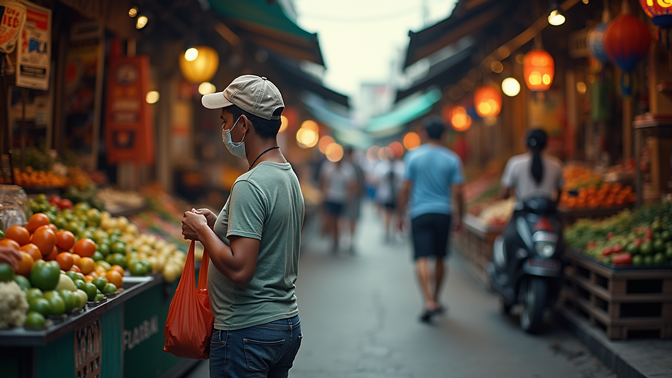 Eye-level view of a bustling street market in Thailand