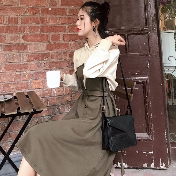 Miniatura: 秋冬港味复古chic风拼接撞色连帽卫衣连衣裙高腰显瘦系带A字裙女