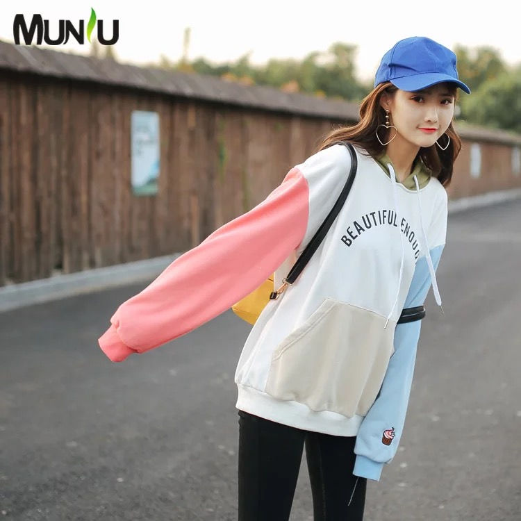 Miniatura: 慕妞2017秋冬新款字母印花马卡龙拼色卫衣连帽长袖学生宽松上衣女