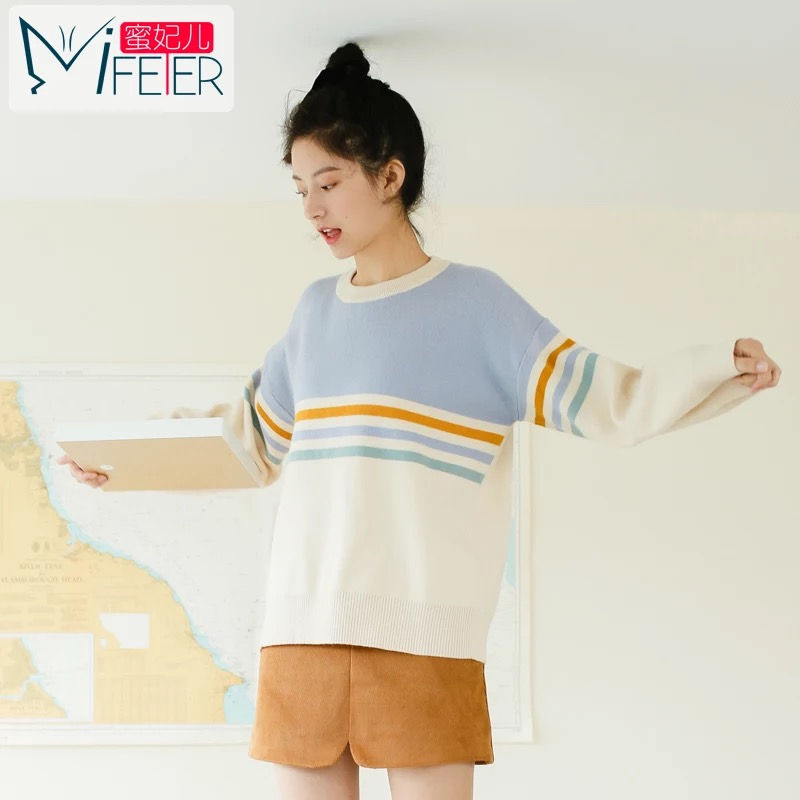 Miniatura: 可爱条纹毛衣春秋2017新款套头女宽松打底上衣潮小清新软妹针织衫