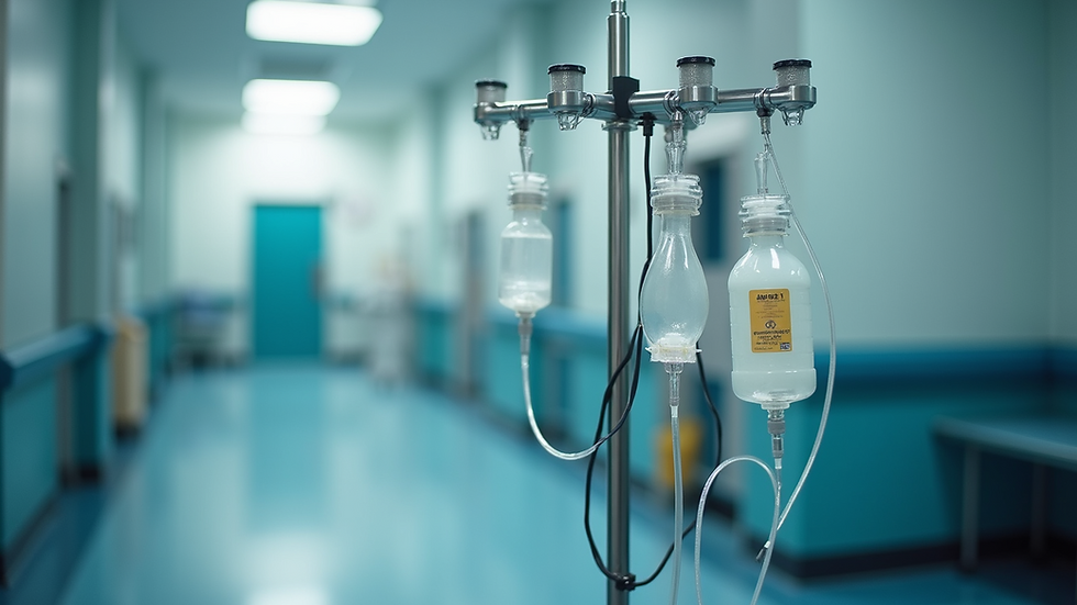 Eye-level view of a mobile IV stand with multiple hooks and infusion pump holder