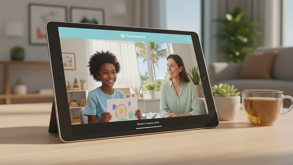 Close-up view of a digital tablet displaying a virtual therapy session with a child and therapist