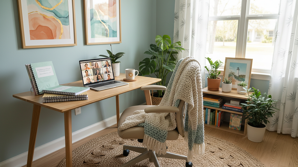 Eye-level view of a cozy home office setup with a laptop and therapy materials