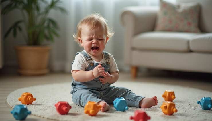 Eye-level view of a toddler sitting on the floor surrounded by toys, expressing frustration