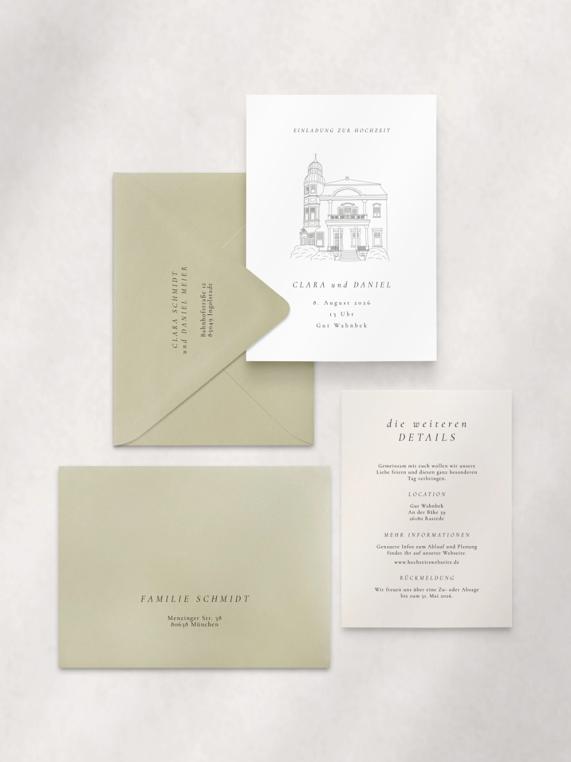 Elegante Hochzeitseinladung mit Locationzeichnung, passender Detailkarte und fein beschrifteten Umschlägen in sanftem Grün. Ideal für stilvolle Hochzeit im la dolce vita Stil mit hochwertiger, individueller Hochzeitspapeterie.