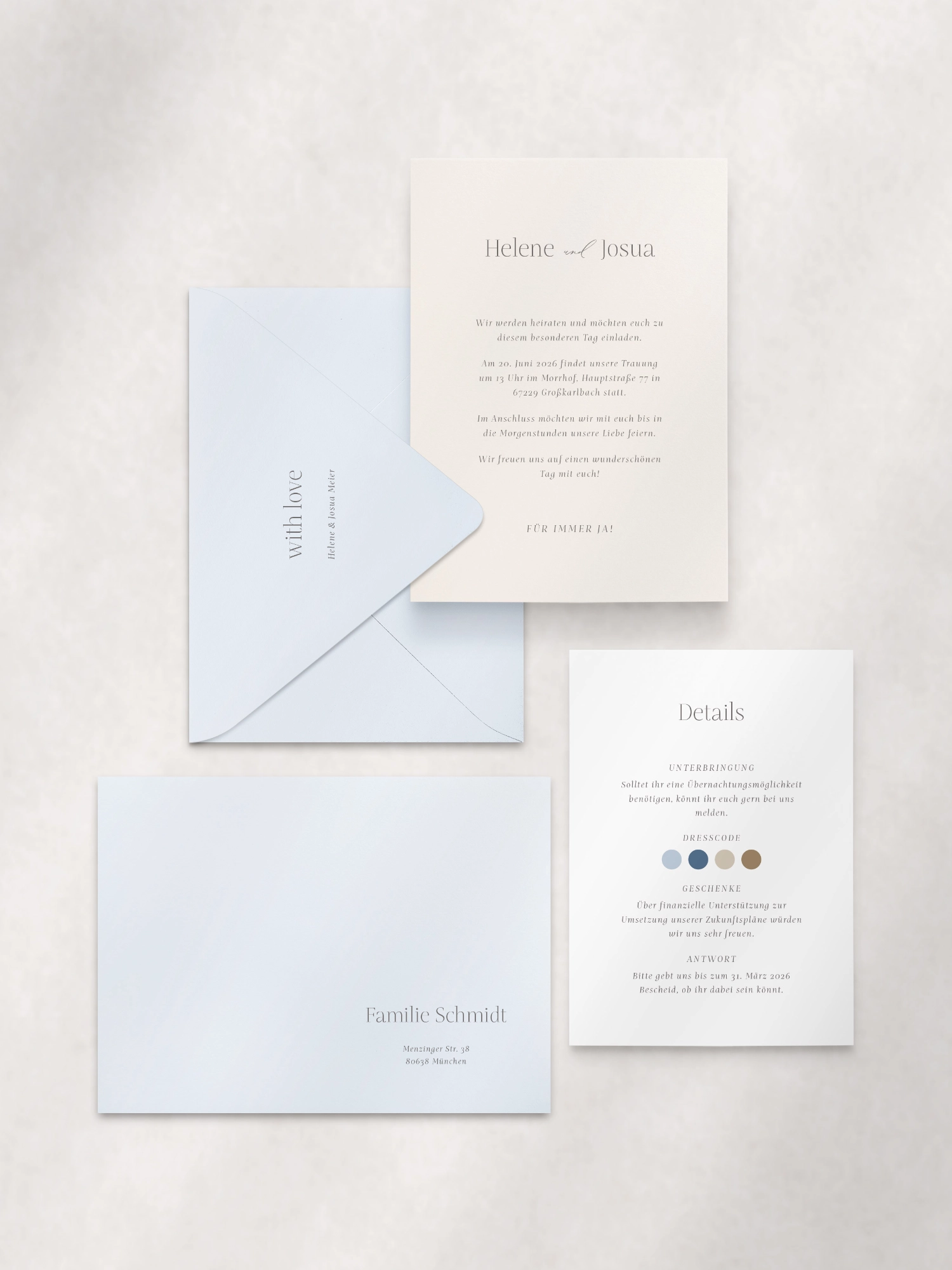 Papeterie-Set Capri - elegante Hochzeitseinladung mit Detailkarte und beschriftetem Briefumschlag in blau und beige, ideal für mediterrane Hochzeiten in Deutschland. Hochwertige, handgefertigte Hochzeitspapeterie im minimalistischen Fine Art Design für stilbewusste Paare.