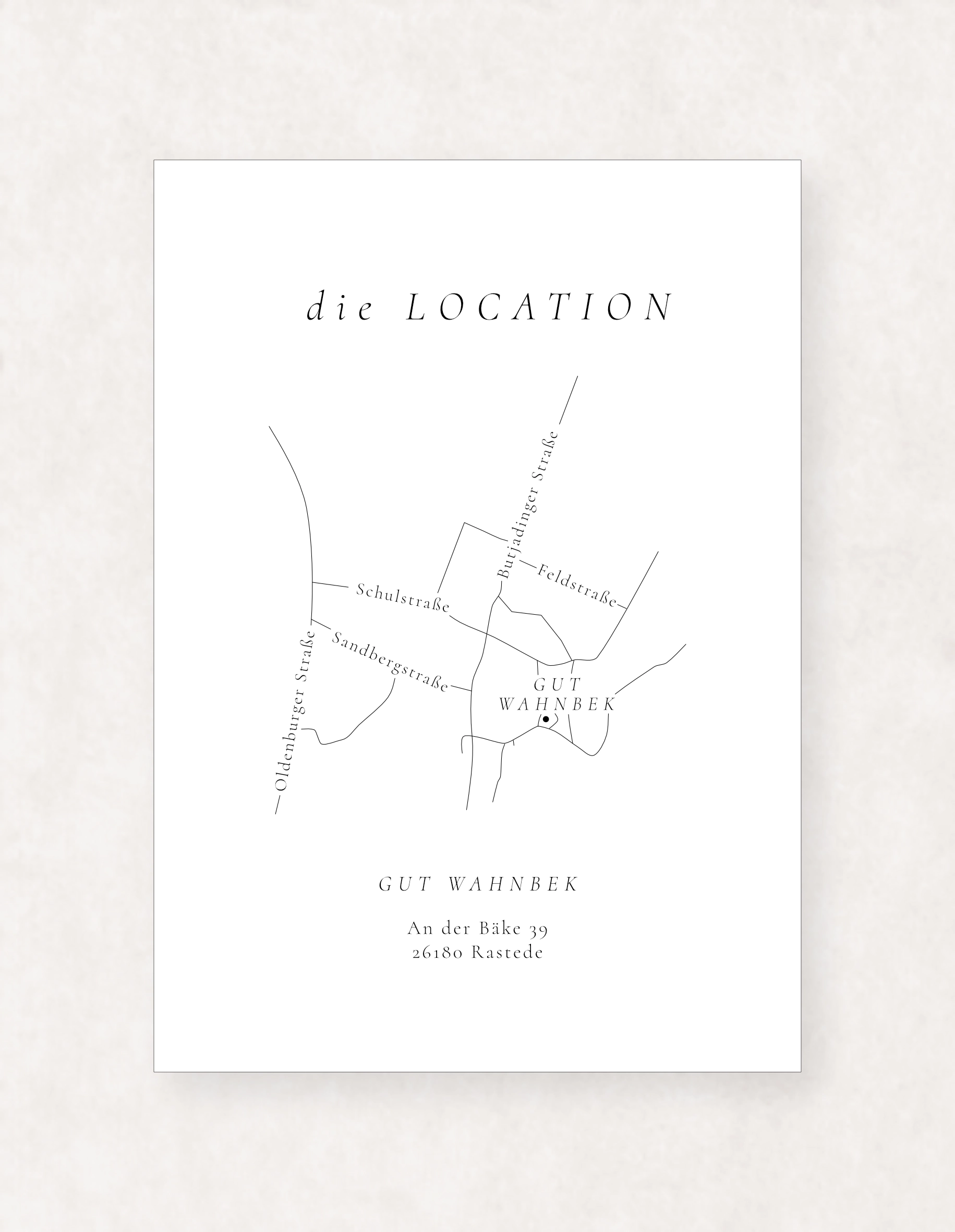 Minimalistische Anfahrtsskizze zur Hochzeitslocation – stilvolle Ergänzung zur Fine Art Hochzeitspapeterie. Ideal für exklusive Hochzeiten mit handgefertigter Papeterie und klarer Orientierungshilfe für Gäste.