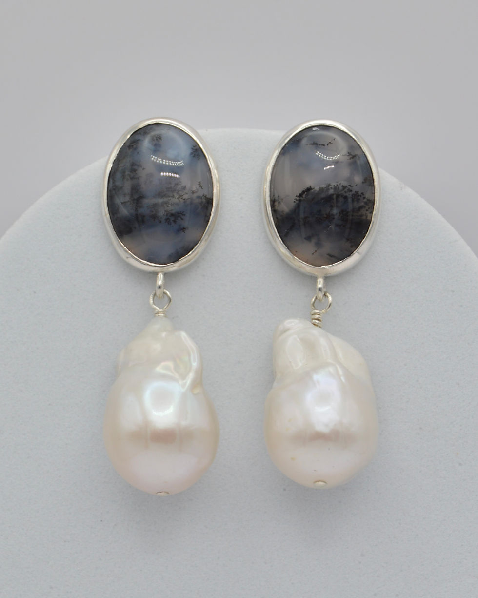 Thumbnail: Dendritic Agate Pearl Drop Earrings