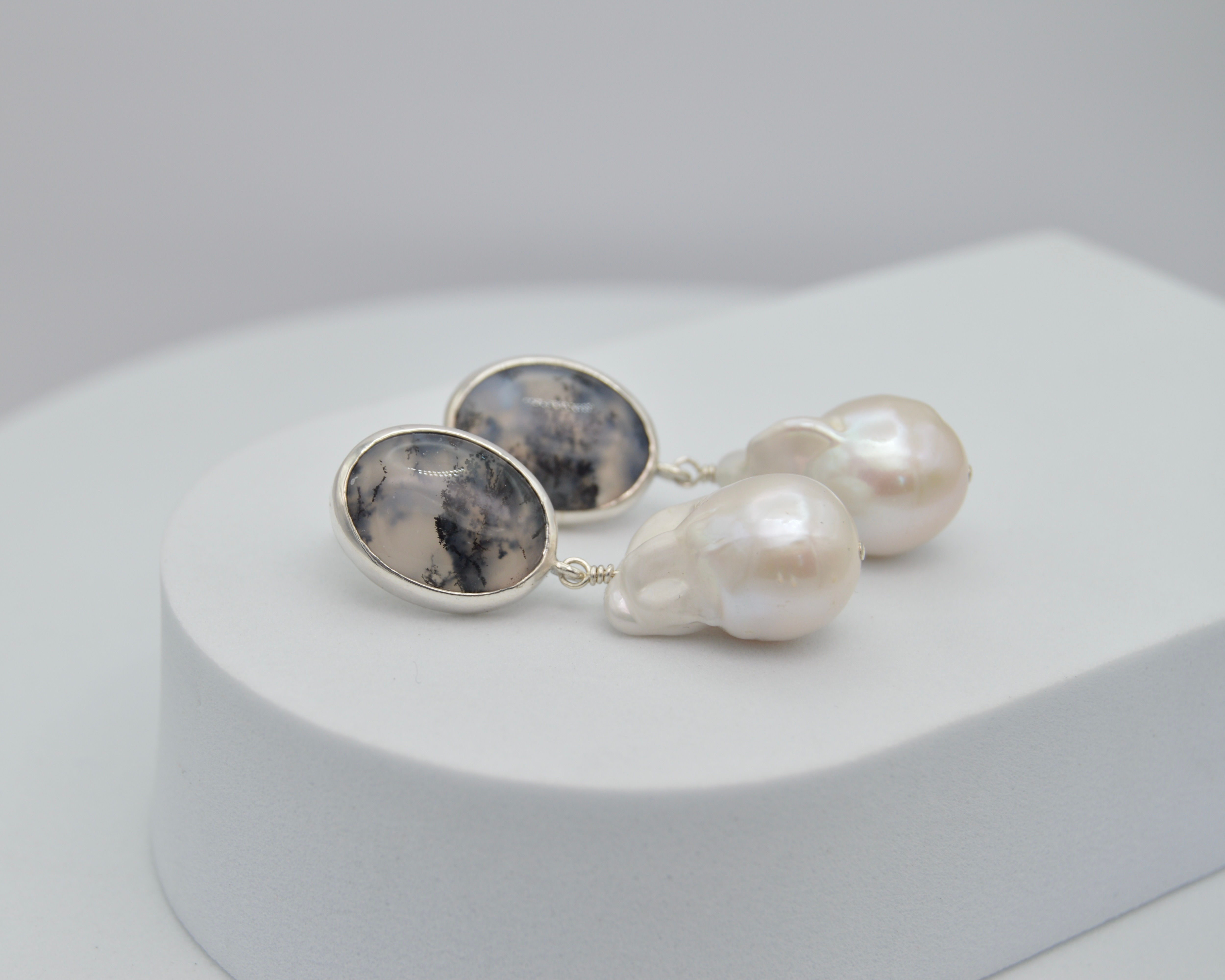 Dendritic Agate Pearl Drop Earrings