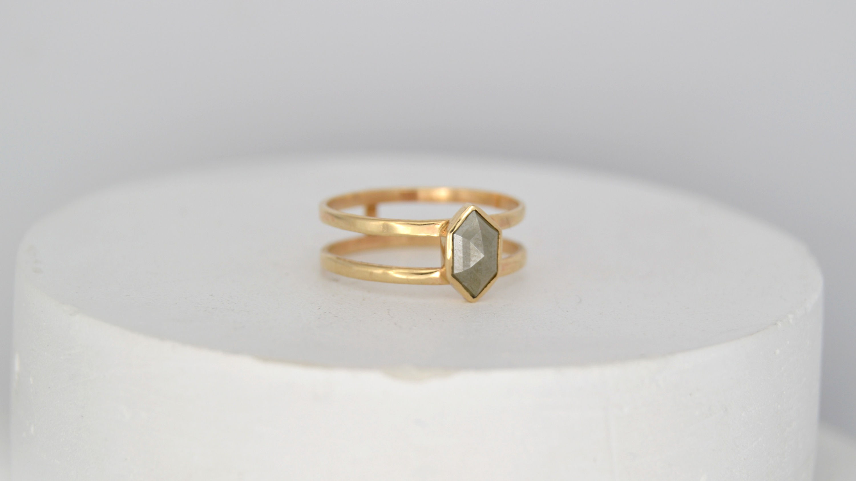 salt and pepper rose cut shield shape gold ring