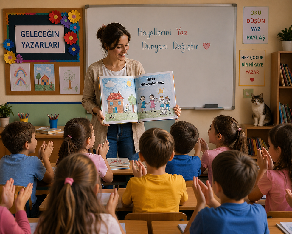 geleceğin yazarları sınıfta baskıdan gelen kitabı inceliyor