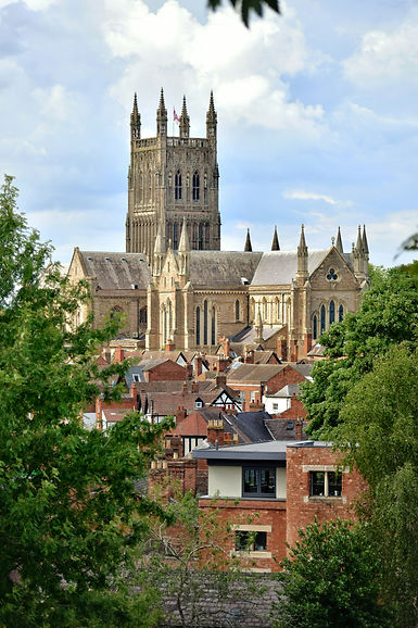 Worcester Cathedral peeking through the foliage