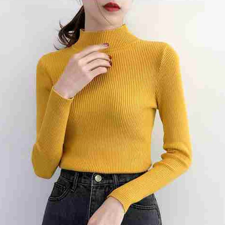 Thumbnail: Autumn Winter Mock Neck Women Sweater Vintage Basic Solid Knitted Tops Casual Sl
