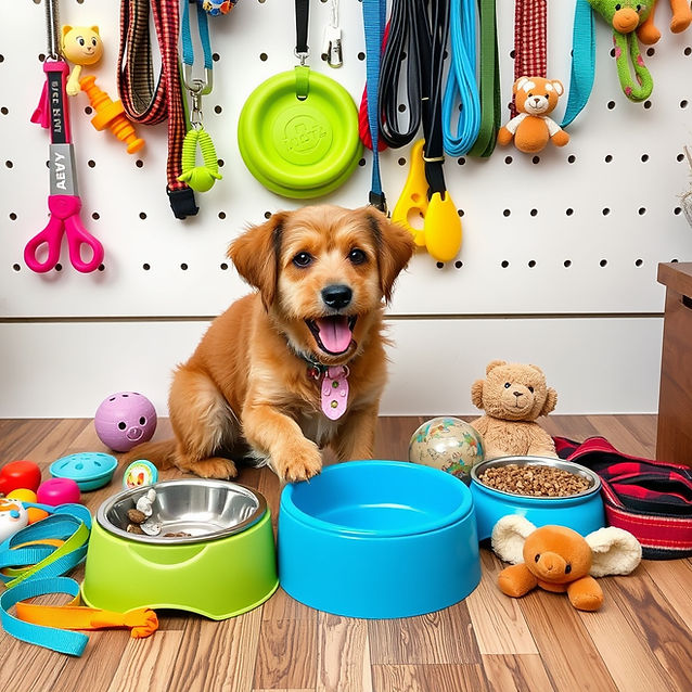 Dog surrounded by pet supplies, leashes bowls, toys, etc.