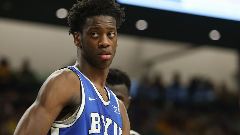 AJ Dybantsa of the BYU Cougars during a college basketball game.