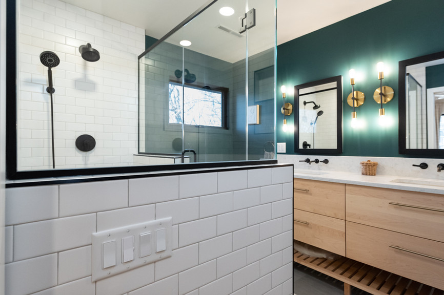 Bathroom remodel, green walls, white tile and green walls, large walk in shower
