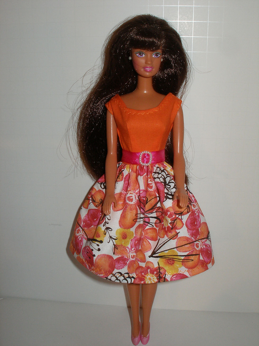Thumbnail: Orange and Hot Pink Floral Print Dress  W/Ribbon Belt