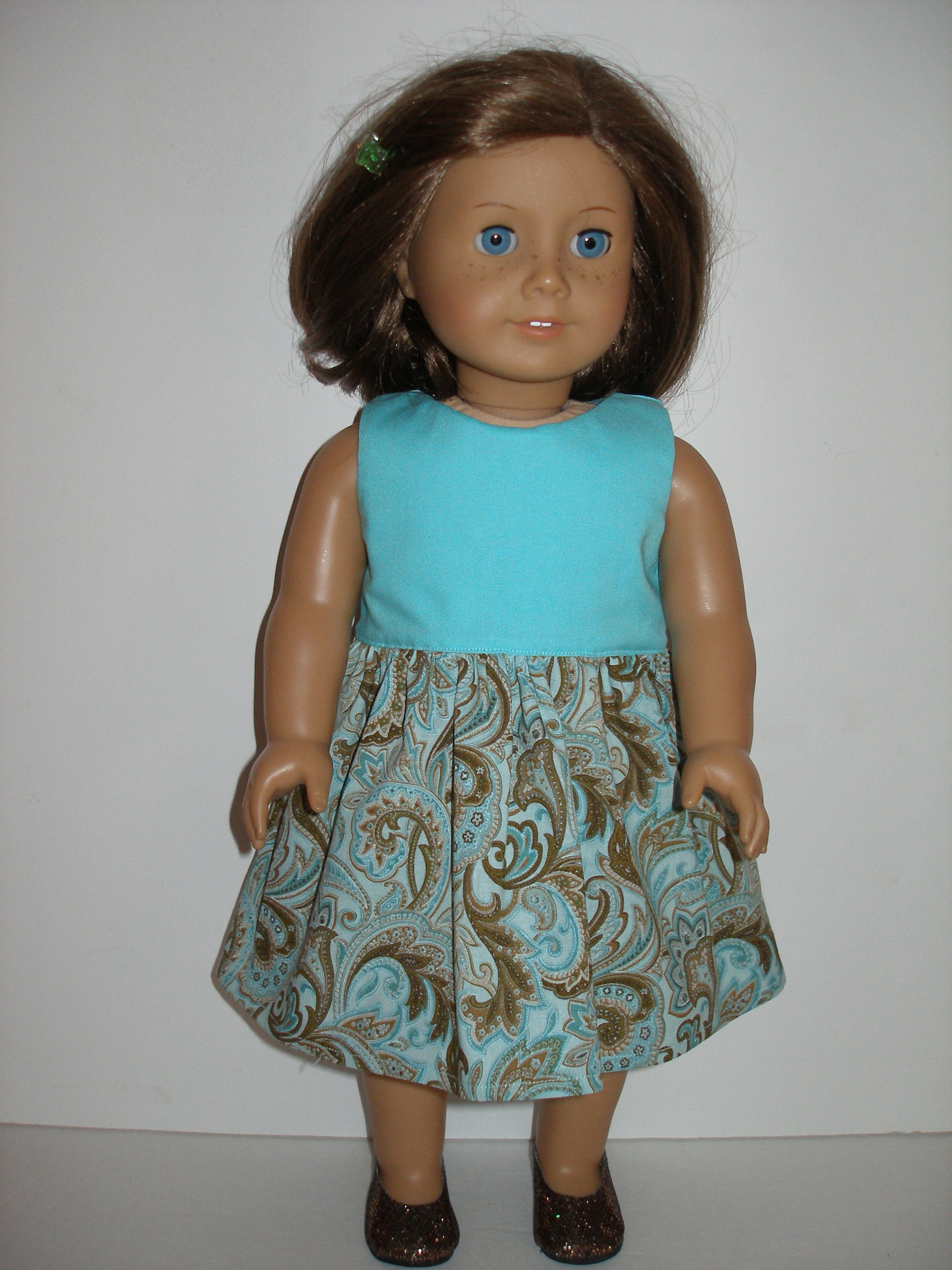 AG - Aqua and Brown Print Dress w/glittery brown shoes