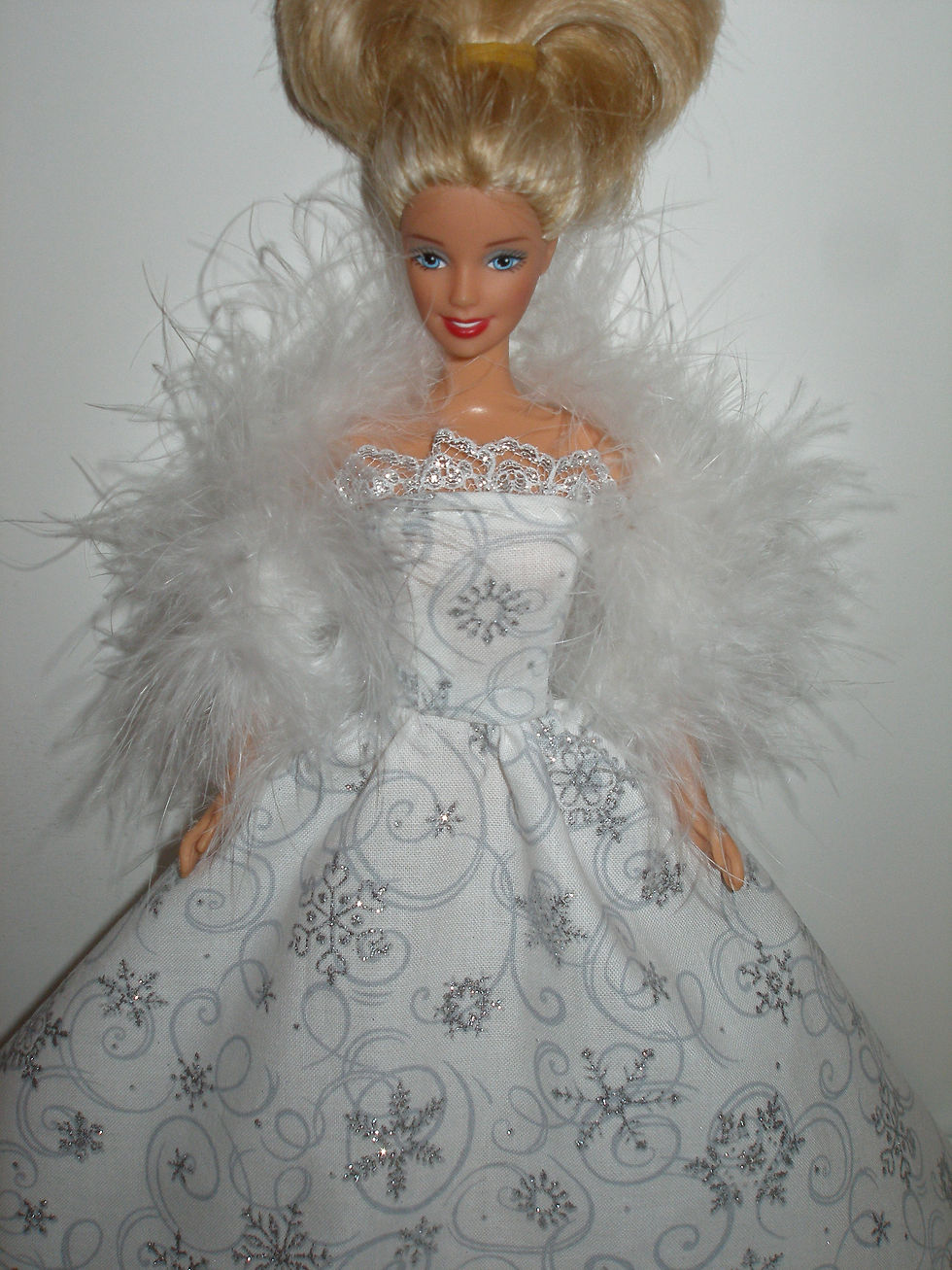 Thumbnail: White and Glittery Silver Snowflake Gown w/Boa
