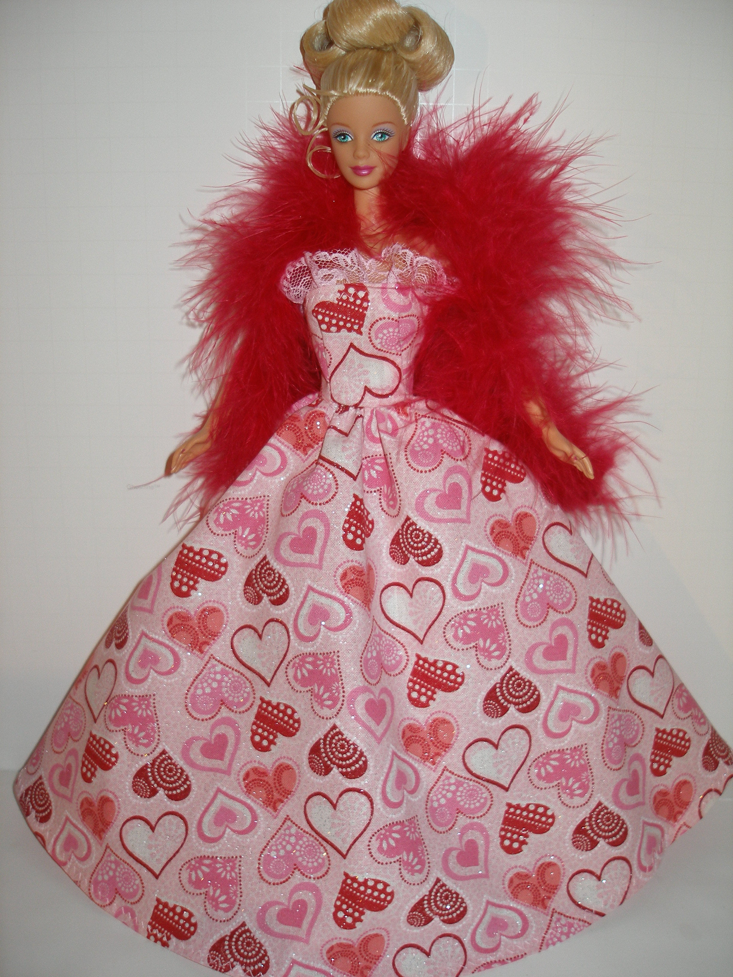 Pink Harts Gown w/White Boa