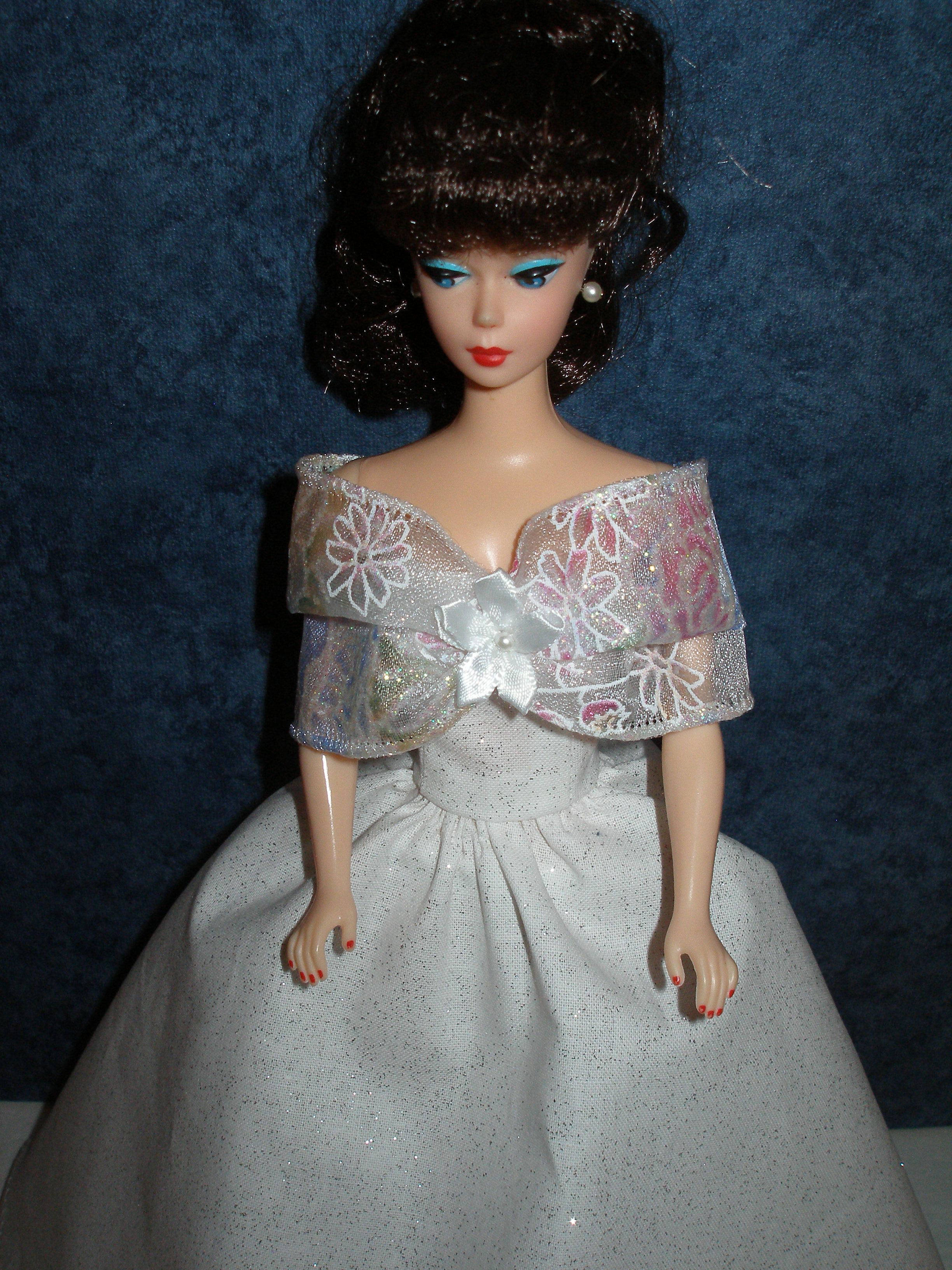 White Glittery Gown w/Ribbon Shoulder Wrap