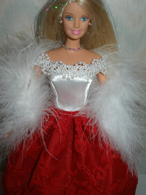 Thumbnail: White Satin and Red Lace Gown