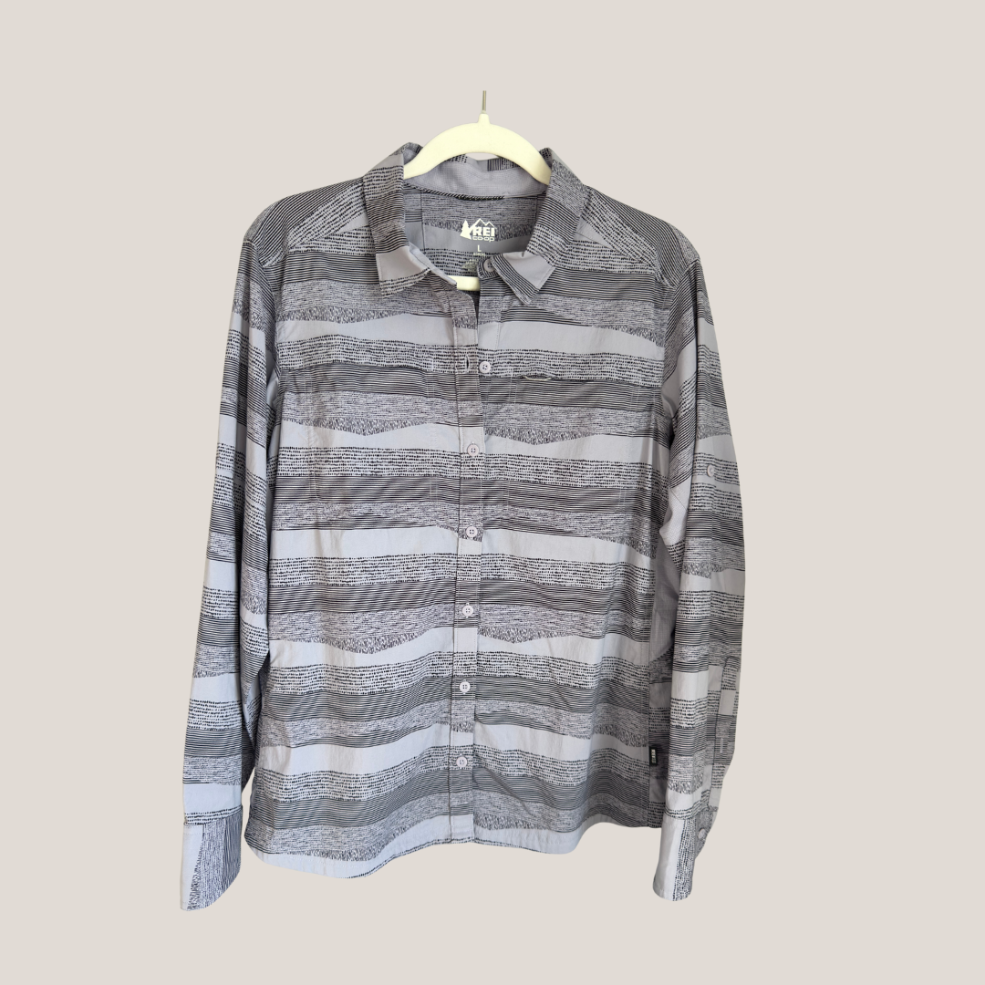 REI Co-op Sahara Pattern Long-Sleeve Gray Hiking Outdoor Shirt, Women's Large