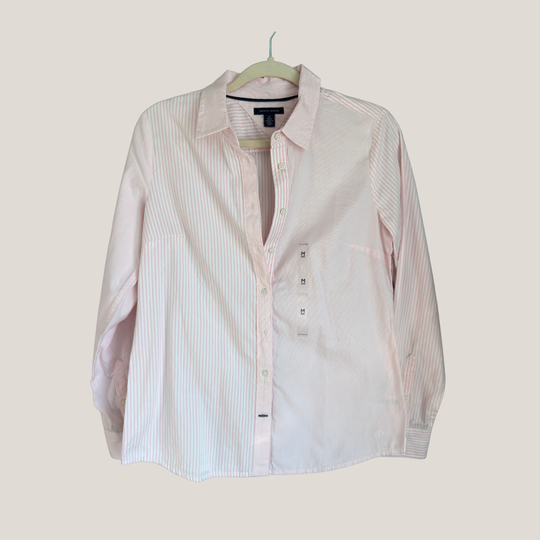 Tommy Hilfiger Pink and White Striped Long-Sleeve Button-Up Shirt, Size M