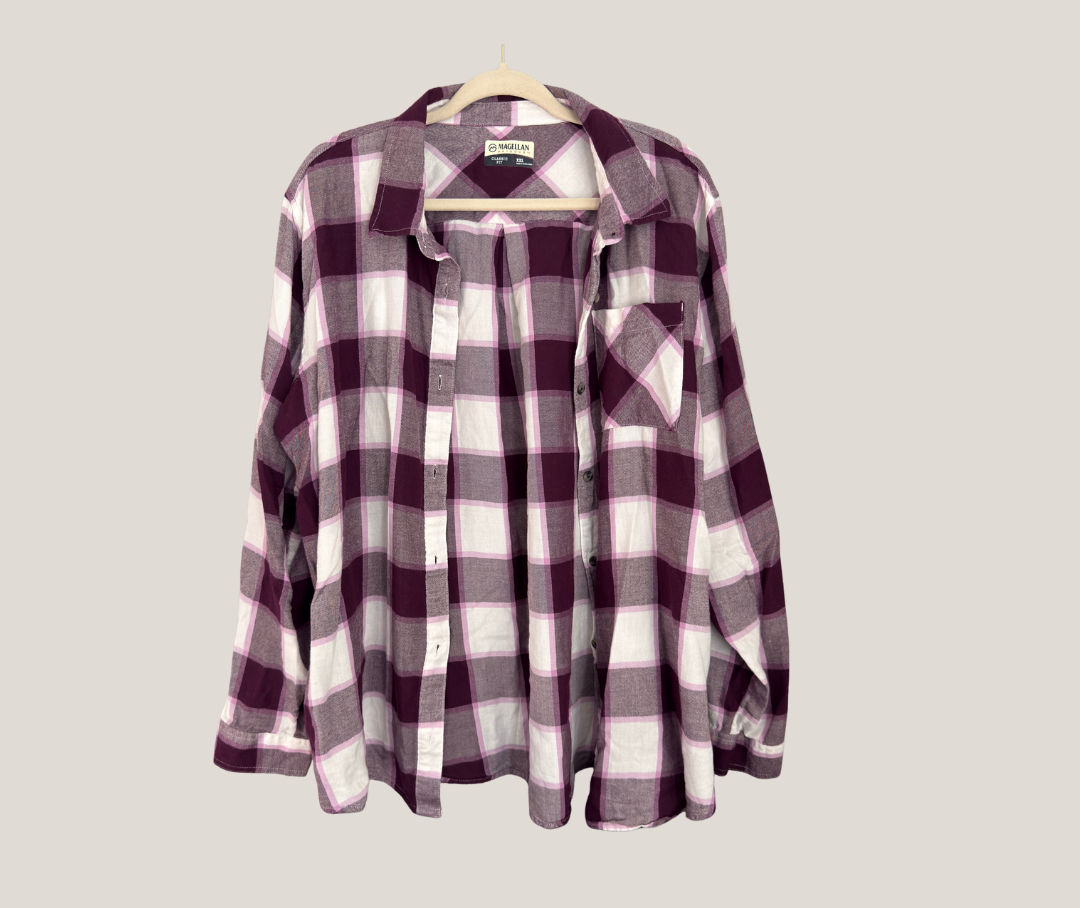 Magellan Outdoors Women's Purple & White Plaid Flannel Shirt, XXL