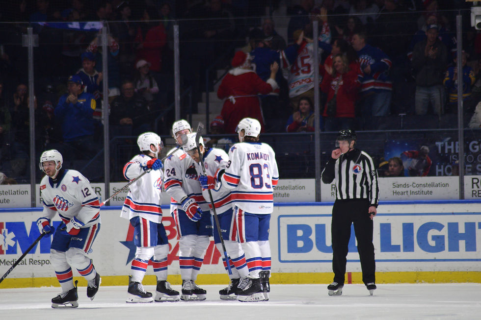 The Rochester Americans celebrating Riley Fiddler-Schulz's game tying goal (Mateo Ortiz/89.1 The Point)