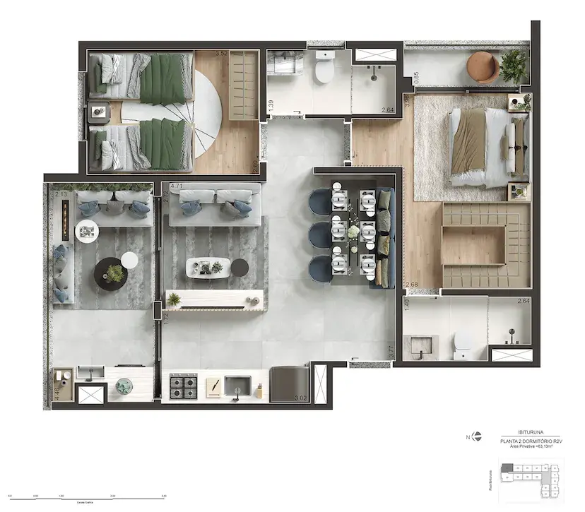 Planta 63m com 2 doms final 1 - com vaga