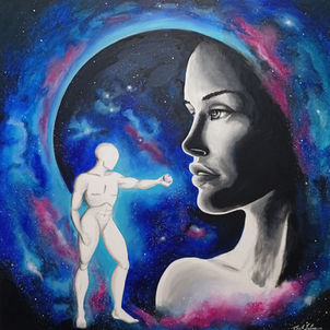 Peinture acrylique sur toile de Lucile Julien, intitulée "A Damn and Eve", montrant un grand portrait de femme en noir et blanc de profil et, à gauche, une figure stylisée d'homme blanche et épurée offrant un orbe violet. L'ensemble est superposé sur un fond de nébuleuse cosmique bleu et rose vif avec des étoiles.