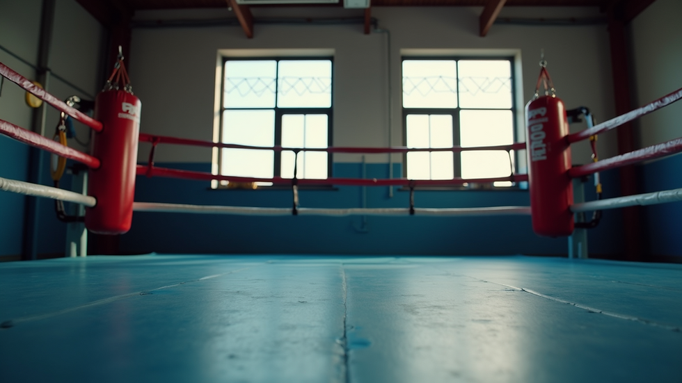 Wide angle view of a boxing ring with training equipment