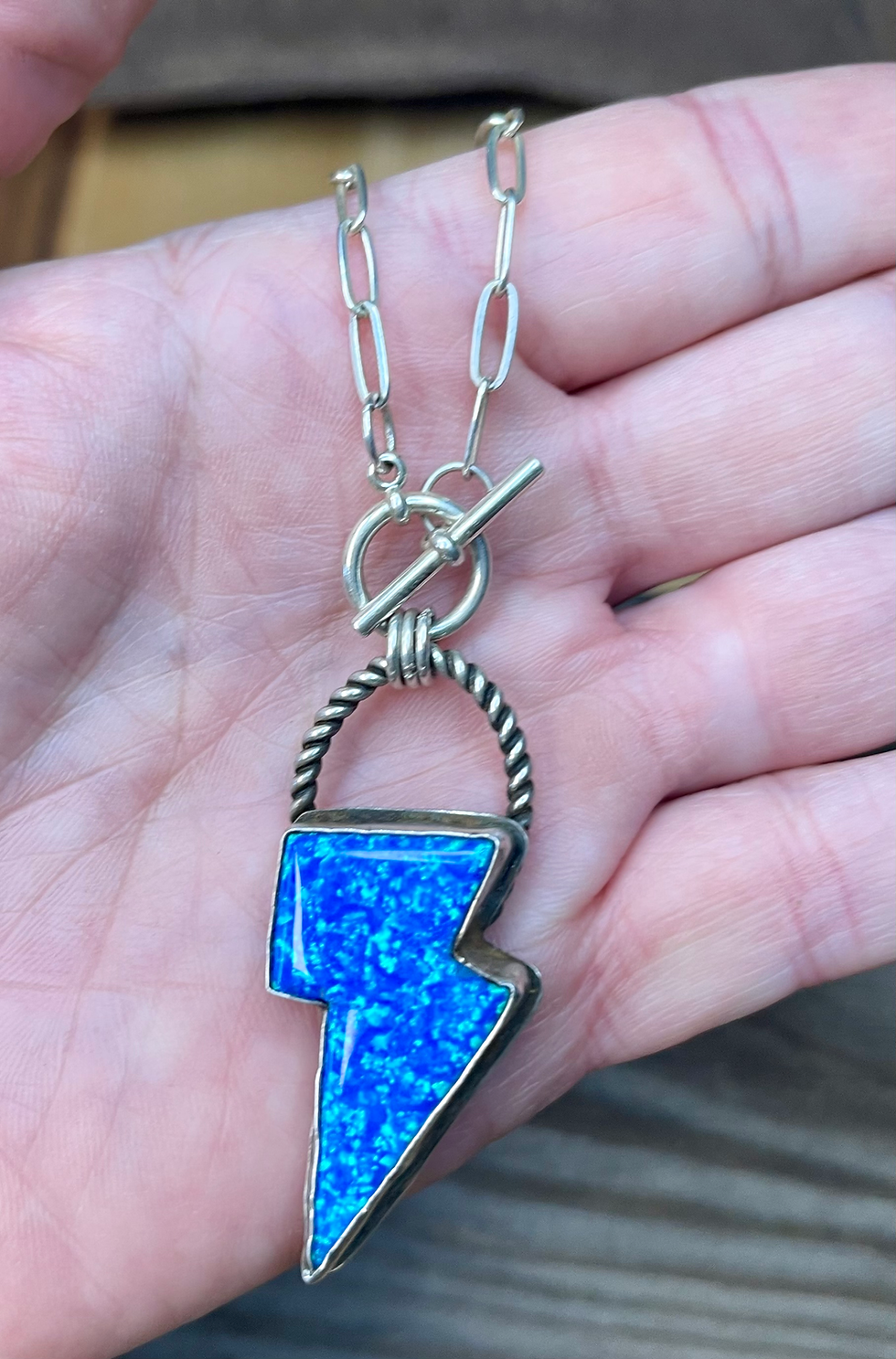 Thumbnail: Sterling Silver + Man Made Blue Opal Necklace 