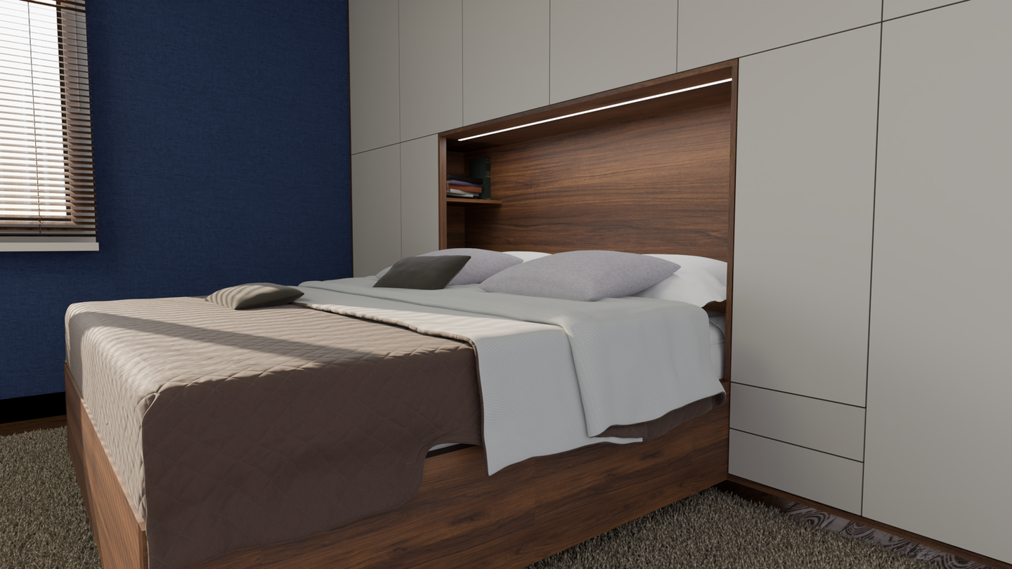 Meble do sypialni na wymiar. Szafa i łóżko na wymiar z beżowymi frontami i płytą drewnopodobną z paskiem led.