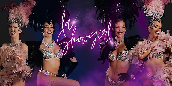 La Showgirl banner with pink neon logo and 4 showgirls