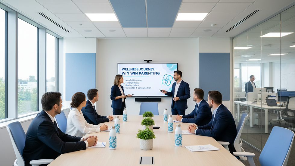 Eye-level view of a modern office meeting room with a wellness program presentation
