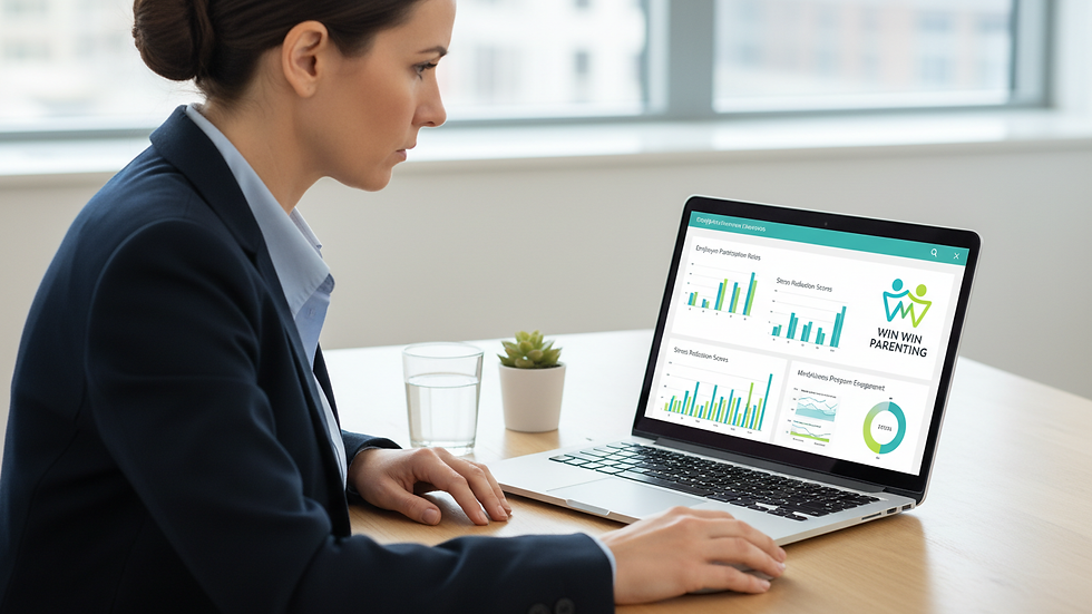 Close-up view of a wellbeing manager reviewing wellness program data on a laptop