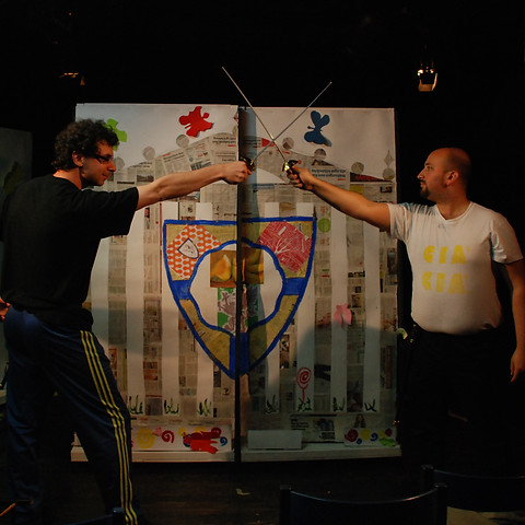 Teater Pi's founders, crossing their swords